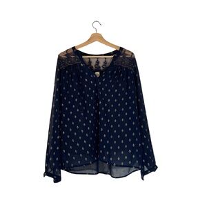 Bila Long Sleeve Sheer Navy and Gold Blouse with Lace Womens Size Large